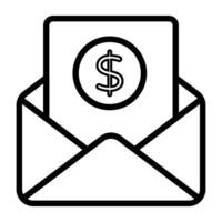 Dollar on paper inside envelope, business mail icon vector