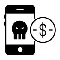 Skull inside mobile with dollar, icon of hacked money vector