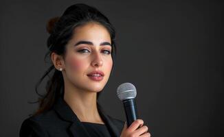 AI generated Young executive leader giving speech with microphone in front, labour day photo