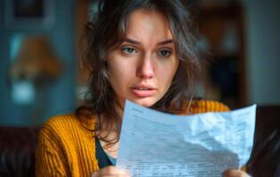 AI generated Stressed woman holds a paper, inflation prices rising idea photo