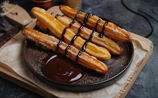 AI generated Churros with chocolate sauce on a plate, colorful mexican food photo