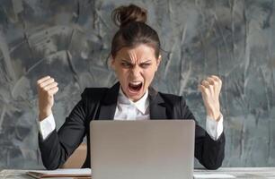 AI generated Businesswoman looks frustrated in front of a laptop, labour day picture photo