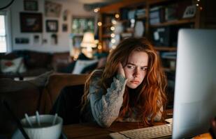 AI generated Stressed office worker looks at monitor at home, labour day theme photo