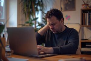 AI generated A stressed man sits at a desk with laptop in front, labour day photo