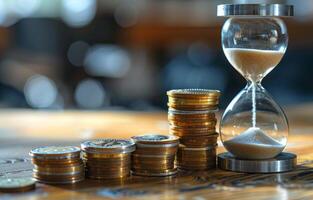 AI generated Hourglass next to stack of coins symbolizing time and money, world inflation image photo