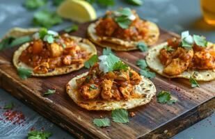 AI generated Tostadas with chicken tinga de pollo mexican food on a wooden board, authentic mexican cuisine image photo