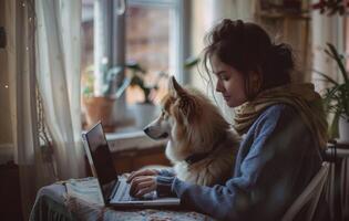 ai generado mujer utilizando ordenador portátil con su perro a hogar, labor día imagen foto