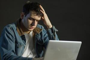 AI generated A man touches his head while looking at his laptop screen, labour day banner photo