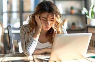 AI generated Stressed woman looking at laptop feeling pressure, labour day picture photo