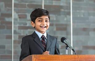 AI generated Boy in suit at podium with microphone giving speech confidently, labour day concept photo