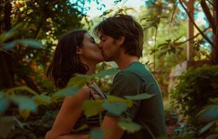 AI generated Beautiful couple kissing in a garden, world kissing day idea photo