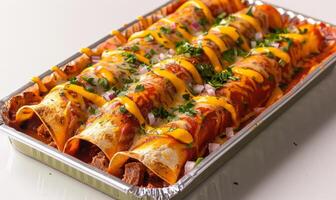 ai generado carne enchiladas servido en un bandeja, mexicano comida antecedentes imagen foto