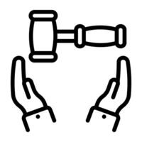 Gavel inside hands, legal support icon vector