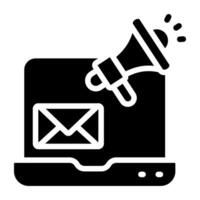 Envelope inside laptop with megaphone, mail marketing icon vector