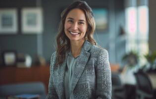 AI generated Smiling business woman standing confidently in her office, labour day photo