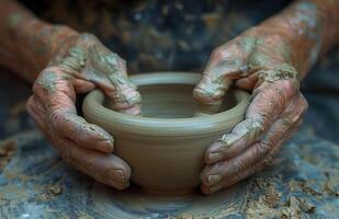 AI generated Person hands turning pot in pottery class, world art day artwork photo