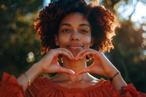 AI generated Woman making heart shape with hands expressing love and affection, passionate kiss pic photo