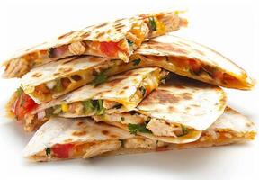 AI generated A chicken quesadilla stacked on a white background, mexican food stock photo