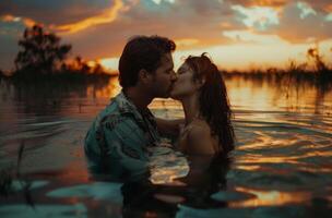 ai generado Pareja besos mediante agua a atardecer, dulce Beso foto