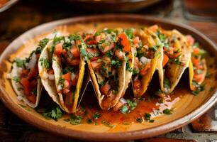 ai generado plato coronado con mexicano tacos y salsa, tradicional mexicano comida Foto