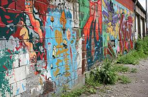 ai generado pintada pared con vistoso obra de arte al aire libre, artístico celebraciones idea foto