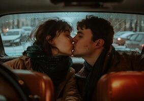 AI generated Couple kissing inside car, sweet kiss photo