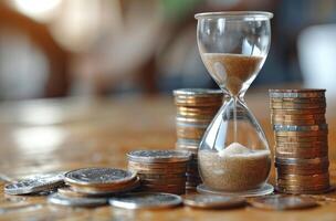 AI generated Hourglass with coins time and money concept, global inflation idea photo