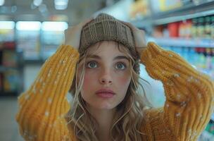 AI generated A young woman holds her head up shop in a supermarket, global inflation idea photo
