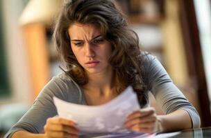 AI generated Woman stressed seated at desk looking at paper, global inflation idea photo