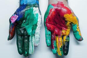 AI generated People with hands painted in different colors on white background, global art festivities concept photo