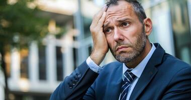 AI generated A man in a suit looks stressed holding his head, labour day photo