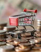 AI generated Small red toy shopping cart on top of stacked coins, inflation rate concept photo