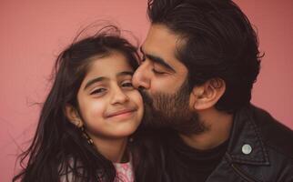 AI generated Father kissing daughter cheek on pink background expressing love and affection, world kissing day idea photo