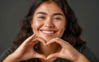 AI generated A beautiful young woman smiles while a heart shape with her hands, soft kiss photo