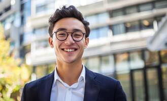 AI generated A smiling young businessman with glasses poses in front of an office building, labour day image photo