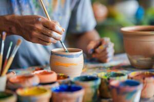 AI generated A man paints a clay cup, world art day illustration photo