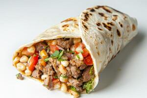 AI generated A burrito with meat and vegetables on a white background, traditional mexican food pic photo