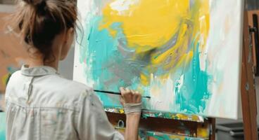 AI generated Woman painting on easel immersed in creativity, global art festivities concept photo