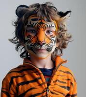 ai generado joven chico con Tigre cara pintar, mundo Arte día ilustración foto