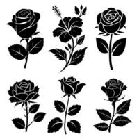 Vector Flower icon illustration. Set of decorative rose silhouettes with leaves