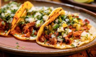 ai generado un foto de tacos Alabama pastor en lámina, mexicano comida valores foto
