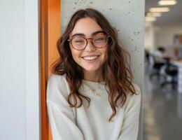 AI generated Smiling young woman with glasses stands at office door, labour day banner photo