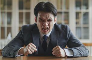 AI generated A man in a suit looking angry at the table with his fists out, labour day photo