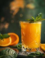 AI generated Orange juice in glass with mint leaves, traditional mexican food pic photo