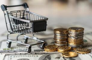 AI generated Black shopping cart stands next to gold coins, world inflation image photo