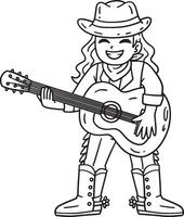 Cowgirl Playing Guitar Isolated Coloring Page vector