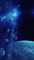 a large cluster of asteroids near an unknown planet, vertical video