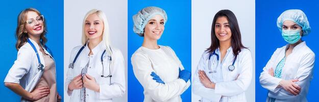 Collection of professional doctors portraits with smiling successful medical workers, physicians and nurses from different countries. Advertising banner, collage, panorama. photo