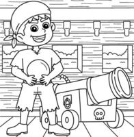 Pirate with Canon Coloring Page for Kids vector