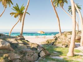 Secluded Beach Cove with Umbrella and Chairs Framed by Palm Trees photo